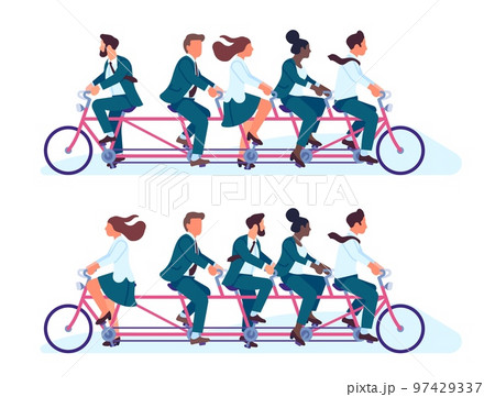Different path. Business way direction. Conflict in office team. Opposite decision. Workers disagreement. People ride bicycle together. Cyclist individuality in group. Vector concept 97429337