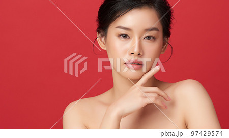 Beautiful young asian woman with clean fresh skin on red background, Face care, Facial treatment, Cosmetology, beauty and spa, Asian women portrait. Beautiful young asian woman with clean fresh skin on red background, Face care, Facial treatment, Cosmetology, beauty and spa, Asian women portrait. 97429574
