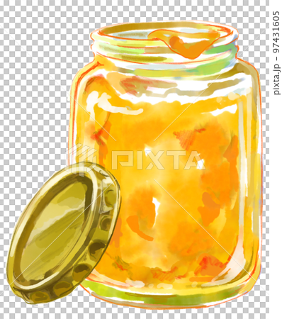 Watercolor illustration of an open jar with yellow jam 97431605