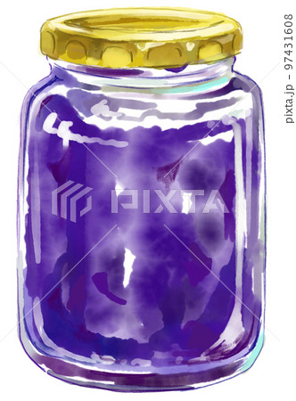 紫のジャムの入った蓋付きの瓶の水彩イラスト 97431608