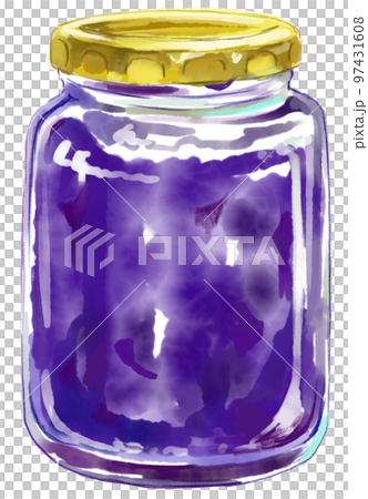 紫のジャムの入った蓋付きの瓶の水彩イラスト 97431608