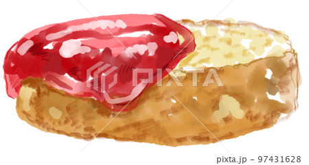 赤いジャムの塗られたバケットの水彩イラスト 97431628