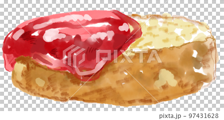 赤いジャムの塗られたバケットの水彩イラスト 97431628