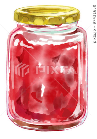 赤いジャムの入った蓋付きの瓶の水彩イラスト 97431630
