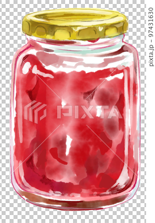 Watercolor illustration of a jar with a lid filled with red jam 97431630