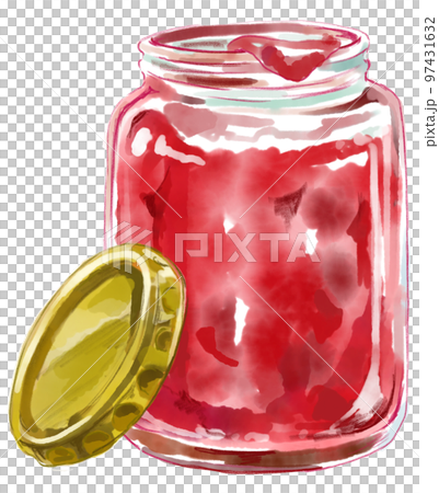 赤いジャムの入った蓋の開いた瓶の水彩イラスト 97431632