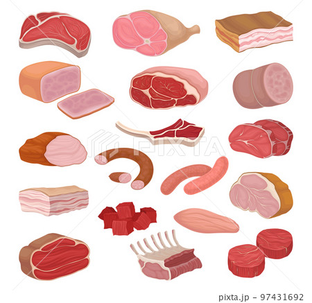 Meat Products with Beef Steak, Ham, Lard, Wurst and Sausages Big Vector Set 97431692