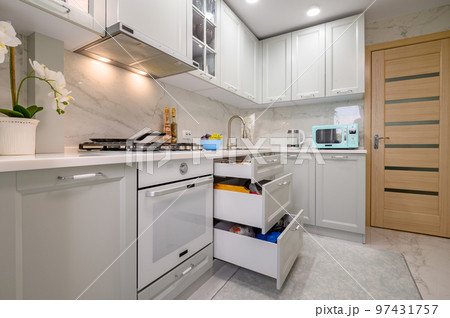 White and grey new modern well designed kitchen interior 97431757