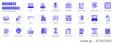 Business workspace concept of web icons set in simple flat design. Pack of e-mail, assistant, office chair, briefcase, pencil, clock, file folder, lamp and other. Vector blue pictograms for mobile app Business workspace concept of web icons set in simple flat design. Pack of e-mail, assistant, office chair, briefcase, pencil, clock, file folder, lamp and other. Vector blue pictograms for mobile app 97432092