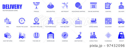 Delivery concept of web icons set in simple flat design. Pack of fragile, geolocation, air freight, worldwide, shipping, control, mail, cargo, weighing and other. Vector blue pictograms for mobile app 97432096