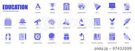 Education concept of web icons set in simple flat design. Pack of divider, award, school, bus, bell, schoolbag, pencil, gift, physics, chemistry, lamp and other. Vector blue pictograms for mobile app 97432099