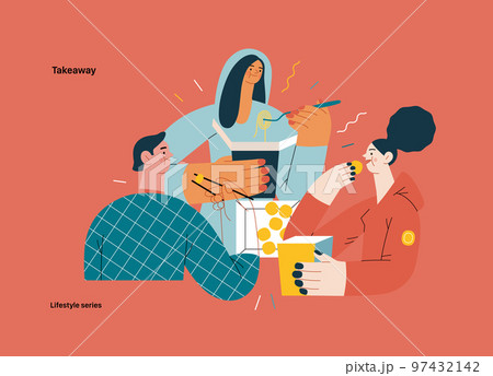Lifestyle series - Takeaway - modern flat vector illustration of a group of friends eating takeaway food from boxes sitting at home. People activities concept 97432142