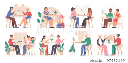 Teens in cafe eating and talking. Outside restaurant, human with friend eat, drink. Meeting on food court, person in cafeteria snugly vector set Teens in cafe eating and talking. Outside restaurant, human with friend eat, drink. Meeting on food court, person in cafeteria snugly vector set 97432149