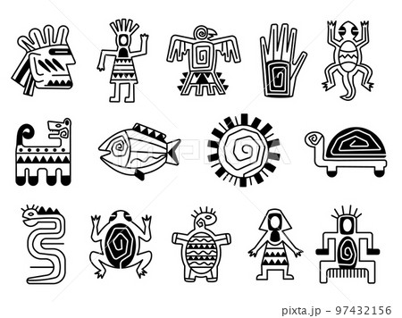 Mayan totem symbols, tattoo ethnic signs. Ornate aztec mythology, mexican indian or inca mythological tradition decent vector tribal elements Mayan totem symbols, tattoo ethnic signs. Ornate aztec mythology, mexican indian or inca mythological tradition decent vector tribal elements 97432156