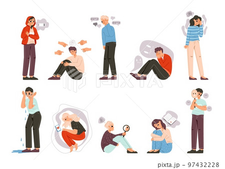 Young adult problems, abused teens. Busy teenager, alone sad people have mental disorders. Unhappy teenagers, teen stress snugly vector emotional set 97432228