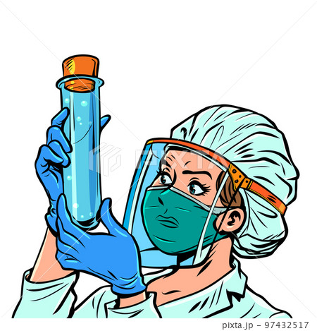 Female Medic and Test Tube. Young woman professor, scientific medical activity 97432517