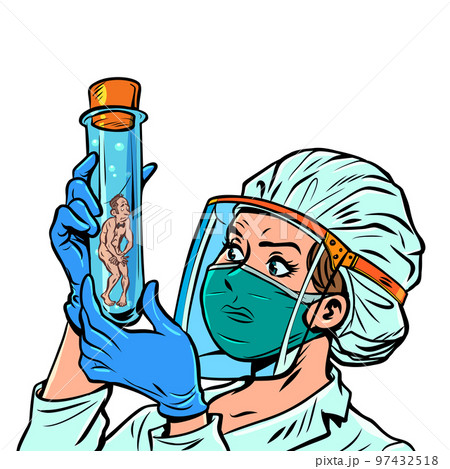 Female Medic and Test Tube. Naked man, genetic research 97432518