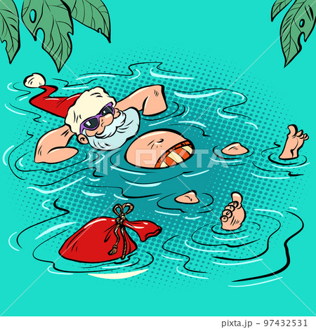 Santa Claus relaxing at a seaside resort. Man swimming in the pool. New Year and Christmas 97432531