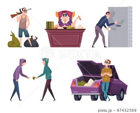 Drug sales. Marijuana selling drugs dillers making business medicine pills exact vector cartoon characters in action poses Drug sales. Marijuana selling drugs dillers making business medicine pills exact vector cartoon characters in action poses 97432569