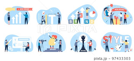 Business brand building, design and develop. Trends research and searching, creative team start up promotion. Web corporate recent vector scenes 97433303
