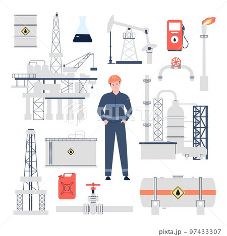Oilman engineer, pipeline and oil and gas industry equipment. Refinery industrial inspection and worker. Petrol factory and construction recent vector set 97433307