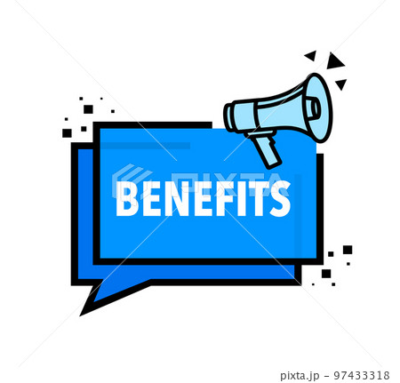 Benefits Announcement Megaphone Label. Loudspeaker speech bubble. Benefits Announcement Megaphone Label. Loudspeaker speech bubble. 97433318