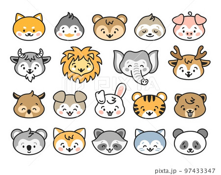 Kawaii animal avatars. Cartoon cute stickers with funny animals faces. Dog, lion, cat portraits. Childish funny mascots, isolated tidy vector zoo set 97433347