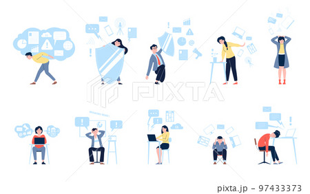People nervous social media information overload. Lot of info and entertainment. Overwhelming communication, recent working stress vector scenes 97433373