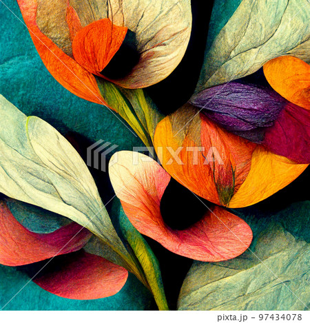 Watercolor art background. Digital generated wallpaper design with flower paint brush line art. 97434078