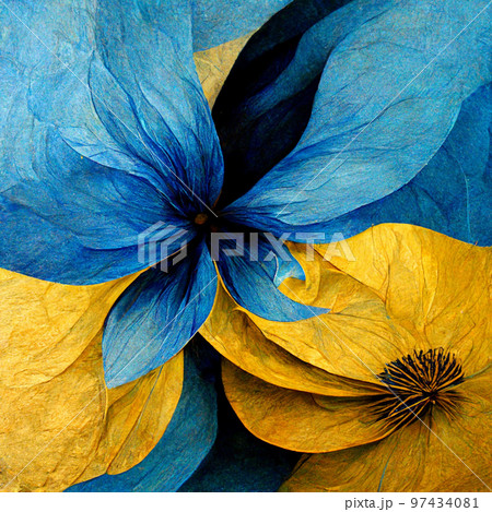 Blue and yellow abstract flower Illustration. 97434081