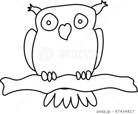 illustration outline of a bird  owl thrush woodpecker on a tree branch on a white background 97434817