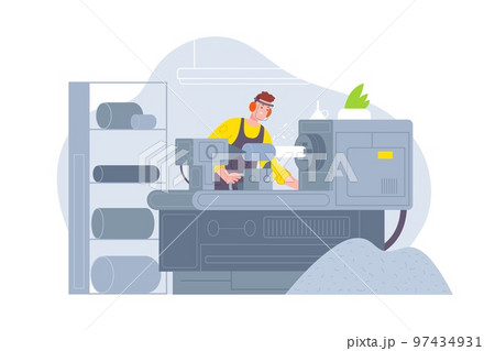 Lathe worker. Man working on turner factory machine, woodworking industrial steel apparatus for wood manufacturing carpentry lath engineering, cartoon splendid vector illustration 97434931