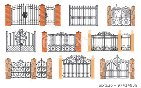 Forged gates. Wrought gate, cartoon ornamental metal enclosure for house park or garden manor entrance antique iron fence with ironwork decorative railing, neat vector illustration Forged gates. Wrought gate, cartoon ornamental metal enclosure for house park or garden manor entrance antique iron fence with ironwork decorative railing, neat vector illustration 97434938