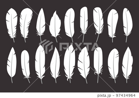 White silhouettes of a bird feather collection. Feathers icon set in flat style. Vector isolated on white background 97434964