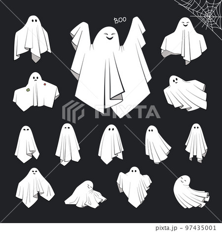 Different cute cloth Ghosts with scary, spooky, happy and funny faces. Collection of magic white flying phantoms. Set of creepy boo characters for kids Different cute cloth Ghosts with scary, spooky, happy and funny faces. Collection of magic white flying phantoms. Set of creepy boo characters for kids 97435001