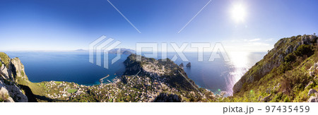 Touristic Town on Capri Island in Bay of Naples, Italy. Aerial View from Mountain Touristic Town on Capri Island in Bay of Naples, Italy. Aerial View from Mountain 97435459