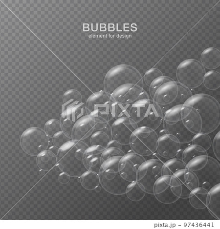White water bubbles on transparent background with reflection. Set. Vector illustration 97436441