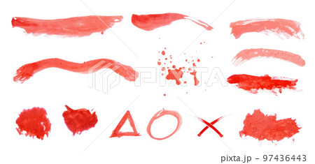 Set of watercolor red on white background. Textures for design. Hand painted splashes, divorces paint. Delicate vector textures for logo, decoration 97436443