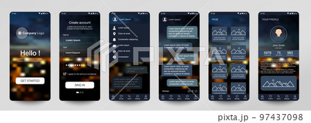 Design of mobile app, UI, UX, GUI. Set of user registration screens with login and password input, account sign in, sign up, chat room, home page. Modern Style. Minimal Application. UI Template. City 97437098