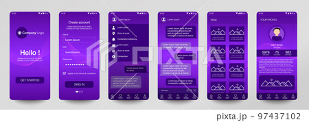 Design of mobile app, UI, UX, GUI. Set of user registration screens with login and password input, account sign in, sign up, chat room, home page. Modern Style. Minimal Application. Template 97437102