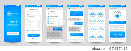 Design of mobile app Chat room, UI, UX, GUI. Set of user registration screens with login and password input, account sign in, sign up, home page. Modern Style. Minimal Application. UI Design Template Design of mobile app Chat room, UI, UX, GUI. Set of user registration screens with login and password input, account sign in, sign up, home page. Modern Style. Minimal Application. UI Design Template 97437116