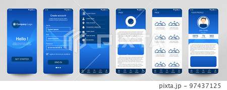 Design of mobile app, UI, UX, GUI. Set of user registration screens with login and password input, account sign in, sign up, home page. Modern Style. Minimal Application. UI Design Template. Interface 97437125
