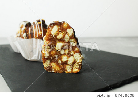 dessert anthill Russian Belarusian Ukrainian cake anthill on a gray tray with a place for text copyspace. Sweet dessert dessert anthill Russian Belarusian Ukrainian cake anthill on a gray tray with a place for text copyspace. Sweet dessert 97438009