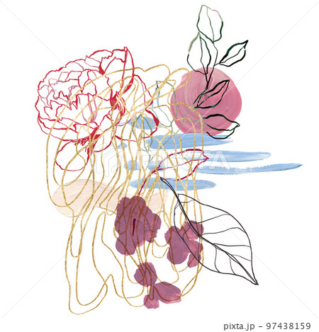 Watercolor Christmas abstract poster of linear flower, magenta, pink and gold spots. Hand painted card of plants isolated on white background. Botanical illustration for design, print, background. 97438159