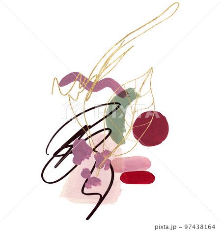 Watercolor Christmas abstract poster of linear flower, magenta, green and gold spots. Hand painted card of plants isolated on white background. Botanical illustration for design, print, background. 97438164