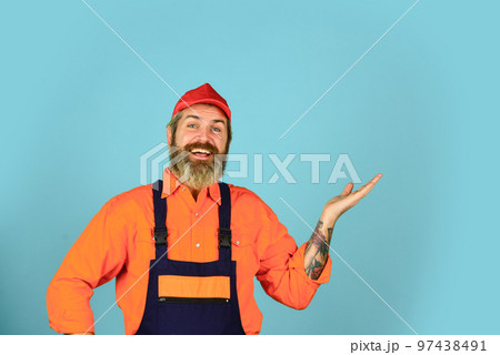 Man skillful worker. Electrician plumber handyman. Call master. Laborer. Repairman experienced worker. Construction worker. Fixing broken technics. Renovation concept. Mechanic perform technical work 97438491