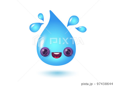 Vector illustration of kawaii water drop in 3D style. Vector icon of kawaii rain drop in realistic style. 97438644