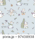 Seamless pattern with cute snowmen, spruces, gifts, sleds 97438938