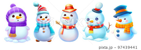 Cute snowmen with different emotions, wearing hats and scarves, collection of isolated illustrations on white background 97439441