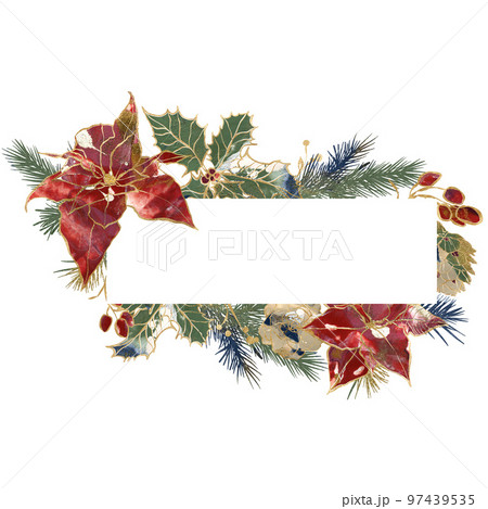 Watercolor Christmas horizontal frame of gold contour poinsettia, berries and branches. Hand painted holiday card of flowers isolated on white background. Illustration for design, print or background. 97439535